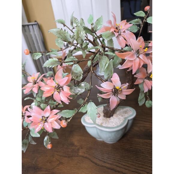 Vintage Chinese Glass Stone Jade Cherry Blossom Bonsai Tree Pink Flowers 14" - Picture 9 of 16